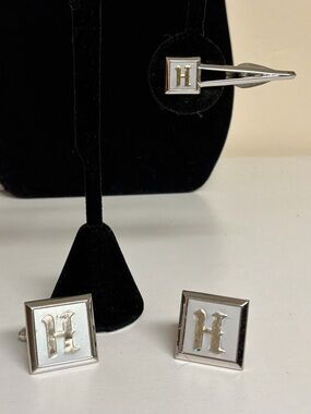 Vintage Swank H Monogram Cufflinks and Tie Bar Set Silver Classic Mid Century